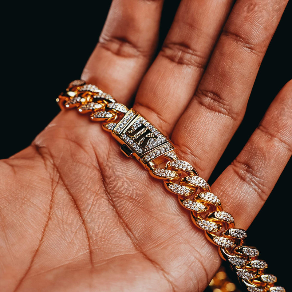 12mm Gold Miami Cuban Chain Bracelet - Spicy Ice